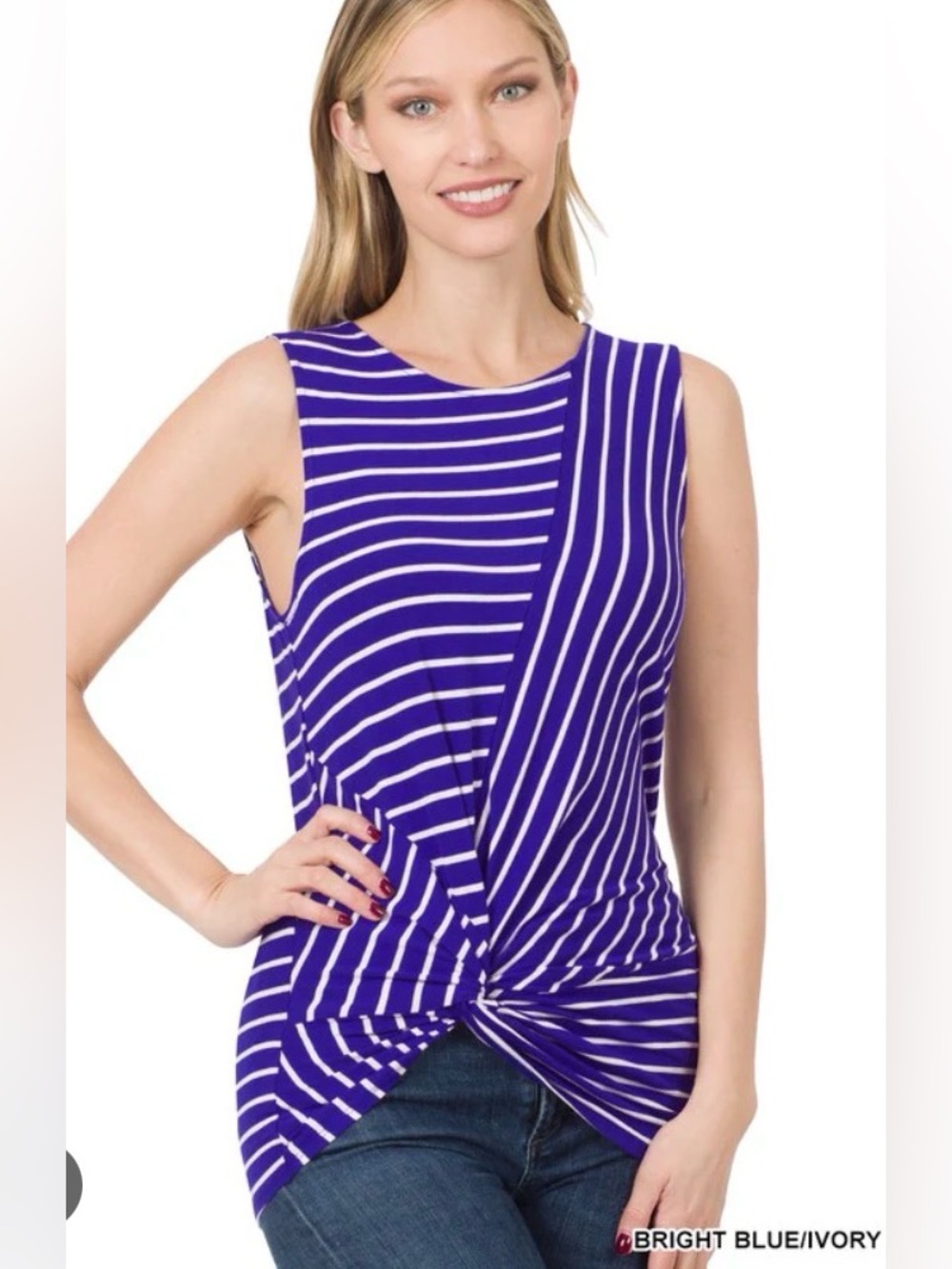 Zenana Striped Twist-Front Sleeveless Top